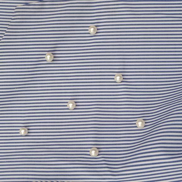 NWOT Tacera PL Blue and White Striped Dress w/ Faux Pearl Beading & Bell Sleeves - Picture 3 of 13